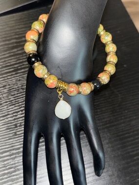 REESELYN CREATIONS Handcrafted Gemstone Unakite Bead Bracelet w/ Moonstone Charm